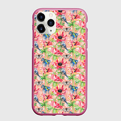 Чехол iPhone 11 Pro матовый Лазоревки и маки на розовом, цвет: 3D-малиновый