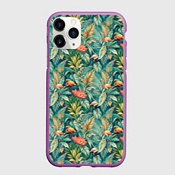 Чехол iPhone 11 Pro матовый Тропический фламинго в цветах, цвет: 3D-фиолетовый