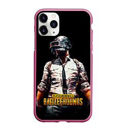 Чехол iPhone 11 Pro матовый PUBG игрок на закате черный фон, цвет: 3D-малиновый