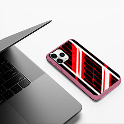 Чехол iPhone 11 Pro матовый Red and white lines on a black background, цвет: 3D-малиновый — фото 2