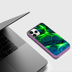 Чехол iPhone 11 Pro матовый Неоновые яркие зеленые разломленные плиты со свето, цвет: 3D-фиолетовый — фото 2