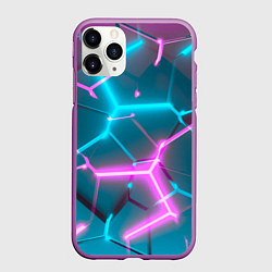 Чехол iPhone 11 Pro матовый Голубые и розовые неоновые плиты в разломе, цвет: 3D-фиолетовый