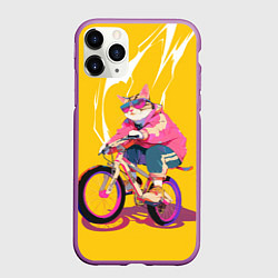 Чехол iPhone 11 Pro матовый Кот на велосипеде жёлтый фон, цвет: 3D-фиолетовый
