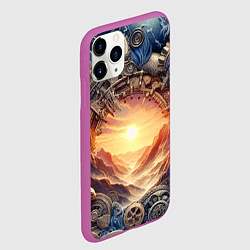 Чехол iPhone 11 Pro матовый Закат солнца в горах - стимпанк коллаж, цвет: 3D-фиолетовый — фото 2