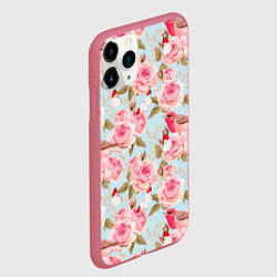 Чехол iPhone 11 Pro матовый Узор цветы розы с птицами, цвет: 3D-малиновый — фото 2
