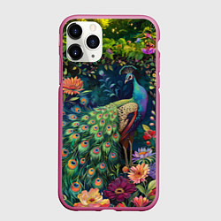 Чехол iPhone 11 Pro матовый Павлин в саду, цвет: 3D-малиновый