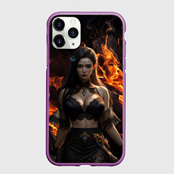 Чехол iPhone 11 Pro матовый Девушка в черном белье на фоне огня, цвет: 3D-фиолетовый