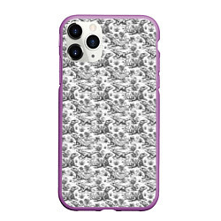 Чехол iPhone 11 Pro матовый Черно белый узор с ящерицами - паттерн, цвет: 3D-фиолетовый