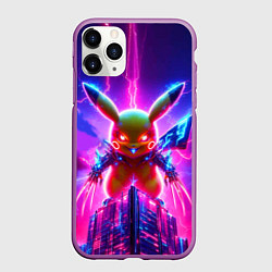 Чехол iPhone 11 Pro матовый Neon horror - cyber Pikachu, цвет: 3D-фиолетовый