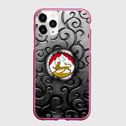 Чехол iPhone 11 Pro матовый Металический орнамент и герб Осетии, цвет: 3D-малиновый