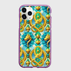 Чехол iPhone 11 Pro матовый Золотистые змеи и цветы, цвет: 3D-фиолетовый