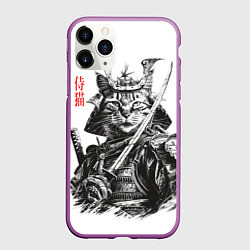 Чехол iPhone 11 Pro матовый Кот рыцарь самурай, цвет: 3D-фиолетовый