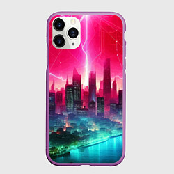 Чехол iPhone 11 Pro матовый Неоновая гроза в мегаполисе - удар молнии, цвет: 3D-фиолетовый