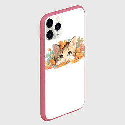 Чехол iPhone 11 Pro матовый Котёнок в листьях, цвет: 3D-малиновый — фото 2