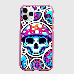 Чехол iPhone 11 Pro матовый Череп в мухоморной шляпе - нейроарт, цвет: 3D-малиновый