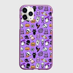 Чехол iPhone 11 Pro матовый Кавайный хэллоуин - призраки и черепа на сиреневом, цвет: 3D-фиолетовый
