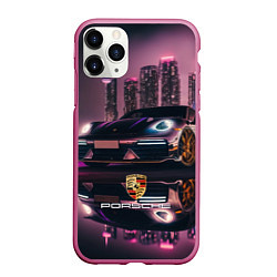 Чехол iPhone 11 Pro матовый Porshe night city, цвет: 3D-малиновый