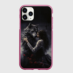 Чехол iPhone 11 Pro матовый Девушка обнимает волка, цвет: 3D-малиновый