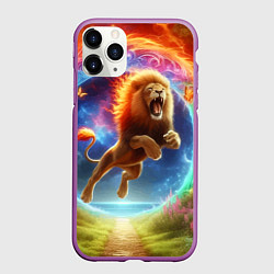 Чехол iPhone 11 Pro матовый Лев прыгает через огненное кольцо - нейроарт фанта, цвет: 3D-фиолетовый