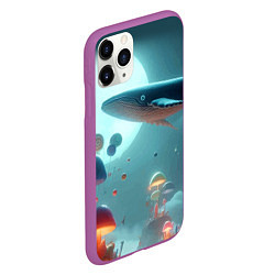 Чехол iPhone 11 Pro матовый Плывущий по небу кит среди грибов - фантазия, цвет: 3D-фиолетовый — фото 2