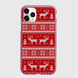 Чехол iPhone 11 Pro матовый Вязаный зимний узор с оленями, цвет: 3D-малиновый