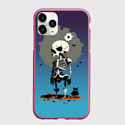 Чехол iPhone 11 Pro матовый Прикольный скелетик со зверушкой, цвет: 3D-малиновый