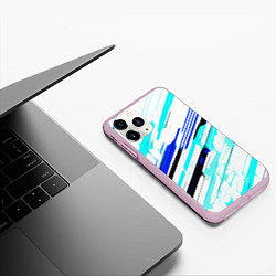 Чехол iPhone 11 Pro матовый Чёрно-сине-голубые полосы на белом фоне, цвет: 3D-розовый — фото 2