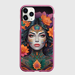 Чехол iPhone 11 Pro матовый Девушка с цветами, цвет: 3D-малиновый