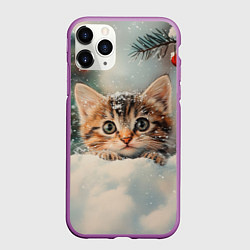 Чехол iPhone 11 Pro матовый Маленький котенок на снегу с новогодними шариками, цвет: 3D-фиолетовый