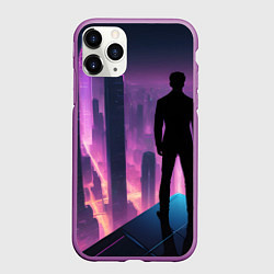 Чехол iPhone 11 Pro матовый Человек смотрящий на ночной мегаполис, цвет: 3D-фиолетовый
