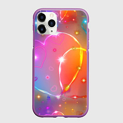 Чехол iPhone 11 Pro матовый Неоновые сердца со звездочками, цвет: 3D-фиолетовый