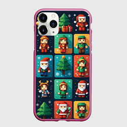 Чехол iPhone 11 Pro матовый Minecraft с новогодний паттерн, цвет: 3D-малиновый