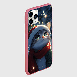 Чехол iPhone 11 Pro матовый Новогодний милый котенок, цвет: 3D-малиновый — фото 2