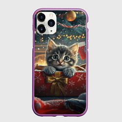 Чехол iPhone 11 Pro матовый Новогодний котенок в подарках, цвет: 3D-фиолетовый