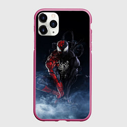Чехол iPhone 11 Pro матовый Веном и Человек-паук, цвет: 3D-малиновый