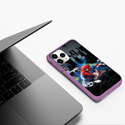 Чехол iPhone 11 Pro матовый Spider-man over the city, цвет: 3D-фиолетовый — фото 2