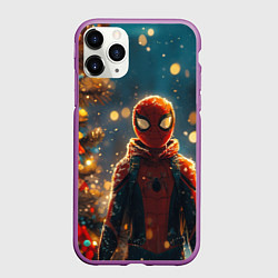Чехол iPhone 11 Pro матовый Человек-паук новый год, цвет: 3D-фиолетовый