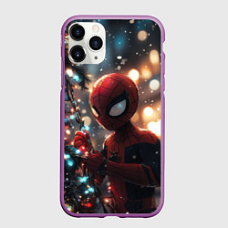 Чехол iPhone 11 Pro матовый Человек-паук любуется елкой, цвет: 3D-фиолетовый