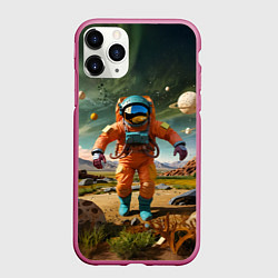 Чехол iPhone 11 Pro матовый Космонавт в оранжевом костюме, цвет: 3D-малиновый