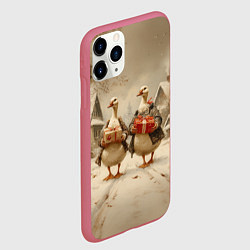 Чехол iPhone 11 Pro матовый Новогодние гуси с подарками, цвет: 3D-малиновый — фото 2