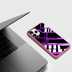 Чехол iPhone 11 Pro матовый Фиолетово-белые линии на чёрном фоне, цвет: 3D-малиновый — фото 2