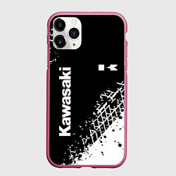 Чехол iPhone 11 Pro матовый Kawasaki - следы от шин, цвет: 3D-малиновый