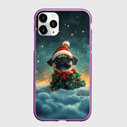 Чехол iPhone 11 Pro матовый Новогодний мопс в ветках елки, цвет: 3D-фиолетовый