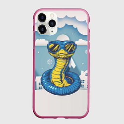 Чехол iPhone 11 Pro матовый Синяя змея в очках, цвет: 3D-малиновый