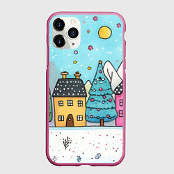 Чехол iPhone 11 Pro матовый Новогодние рисованные домики, цвет: 3D-малиновый