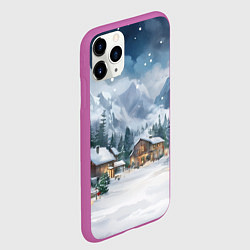 Чехол iPhone 11 Pro матовый Новый год - домики в горах, цвет: 3D-фиолетовый — фото 2