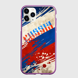 Чехол iPhone 11 Pro матовый Надпись Россия на фоне цветов флага, цвет: 3D-фиолетовый