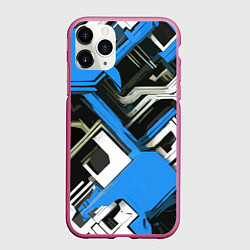 Чехол iPhone 11 Pro матовый Сине-белый техно паттерн на чёрном фоне, цвет: 3D-малиновый