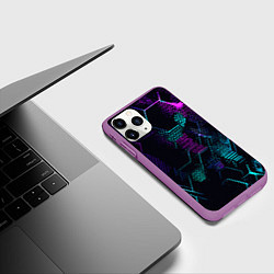 Чехол iPhone 11 Pro матовый Розово-голубые точки и линии на чёрном фоне, цвет: 3D-фиолетовый — фото 2