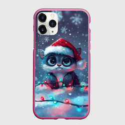 Чехол iPhone 11 Pro матовый Уставший новогодний котик, цвет: 3D-малиновый